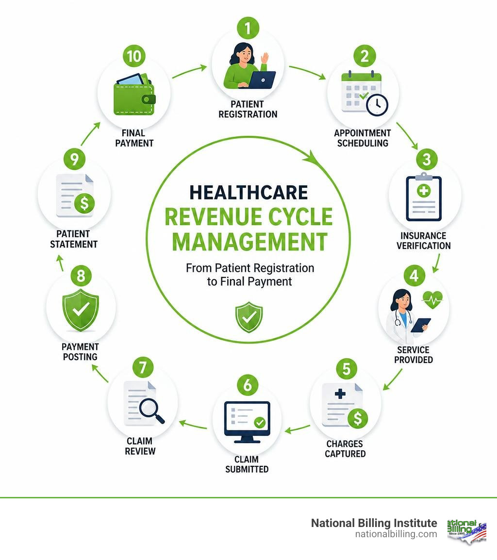 Healthcare revenue cycle management systems flow from patient registration to final payment infographic