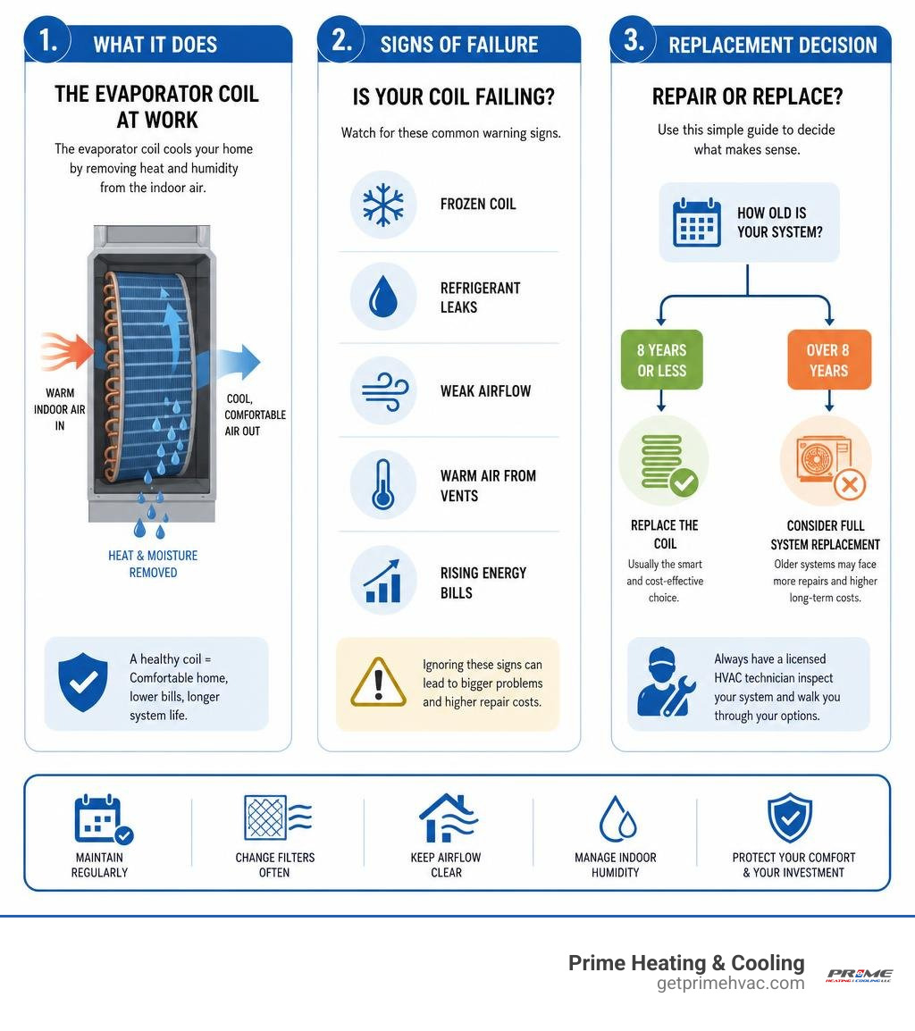Infographic showing evaporator coil function, failure signs, and replacement decision steps for homeowners infographic