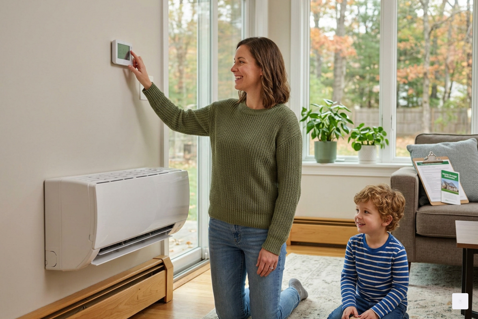 Cozy family enjoying a perfectly heated living room using an efficient heat pump system