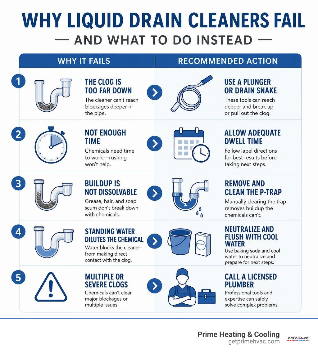 Infographic showing top reasons liquid drain cleaners fail and the recommended action for each infographic