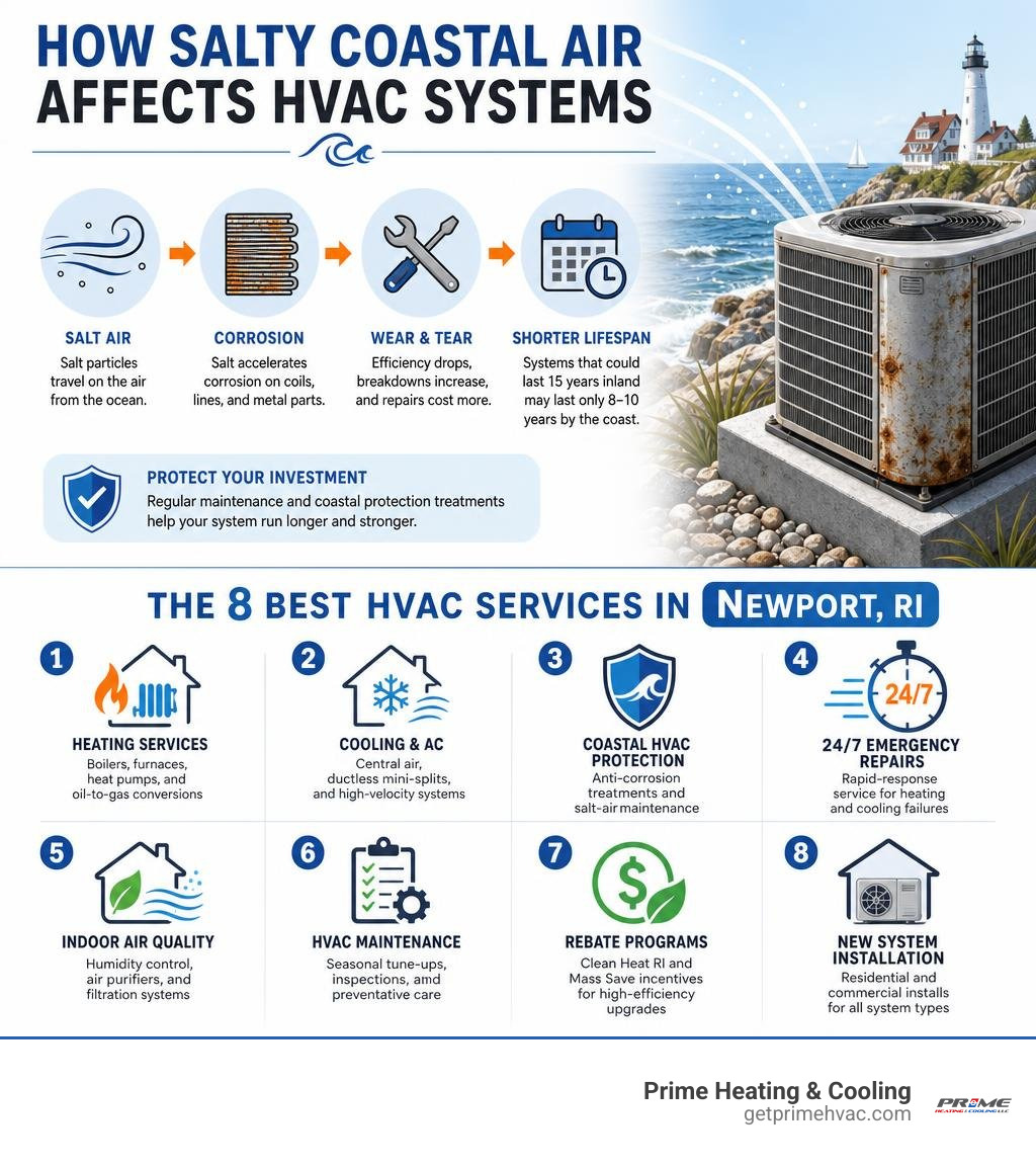 Infographic showing how salty coastal air affects HVAC systems and the top 8 HVAC services in Newport RI infographic
