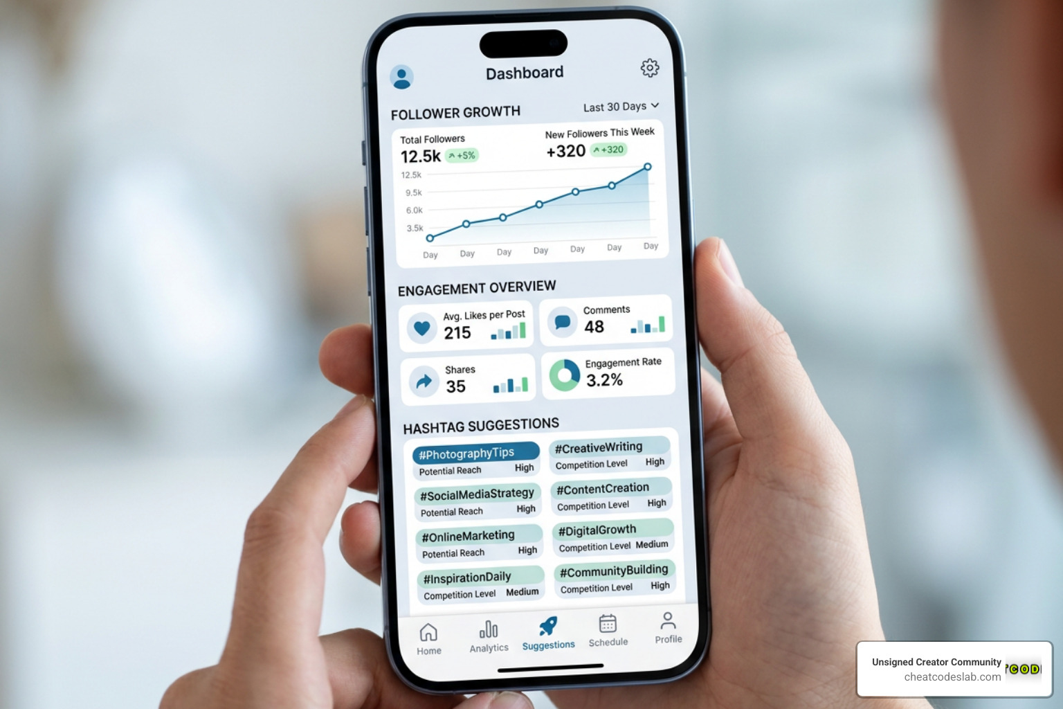 Mobile app interface displaying follower growth analytics and hashtag suggestions