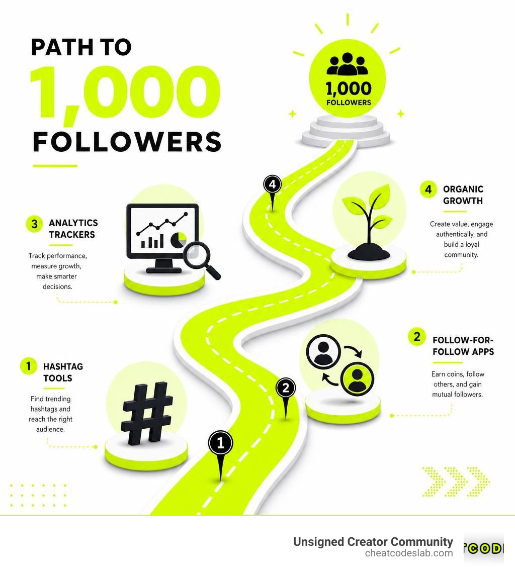 Infographic showing path to 1,000 followers: hashtag tools, follow-for-follow apps, analytics trackers, and organic growth