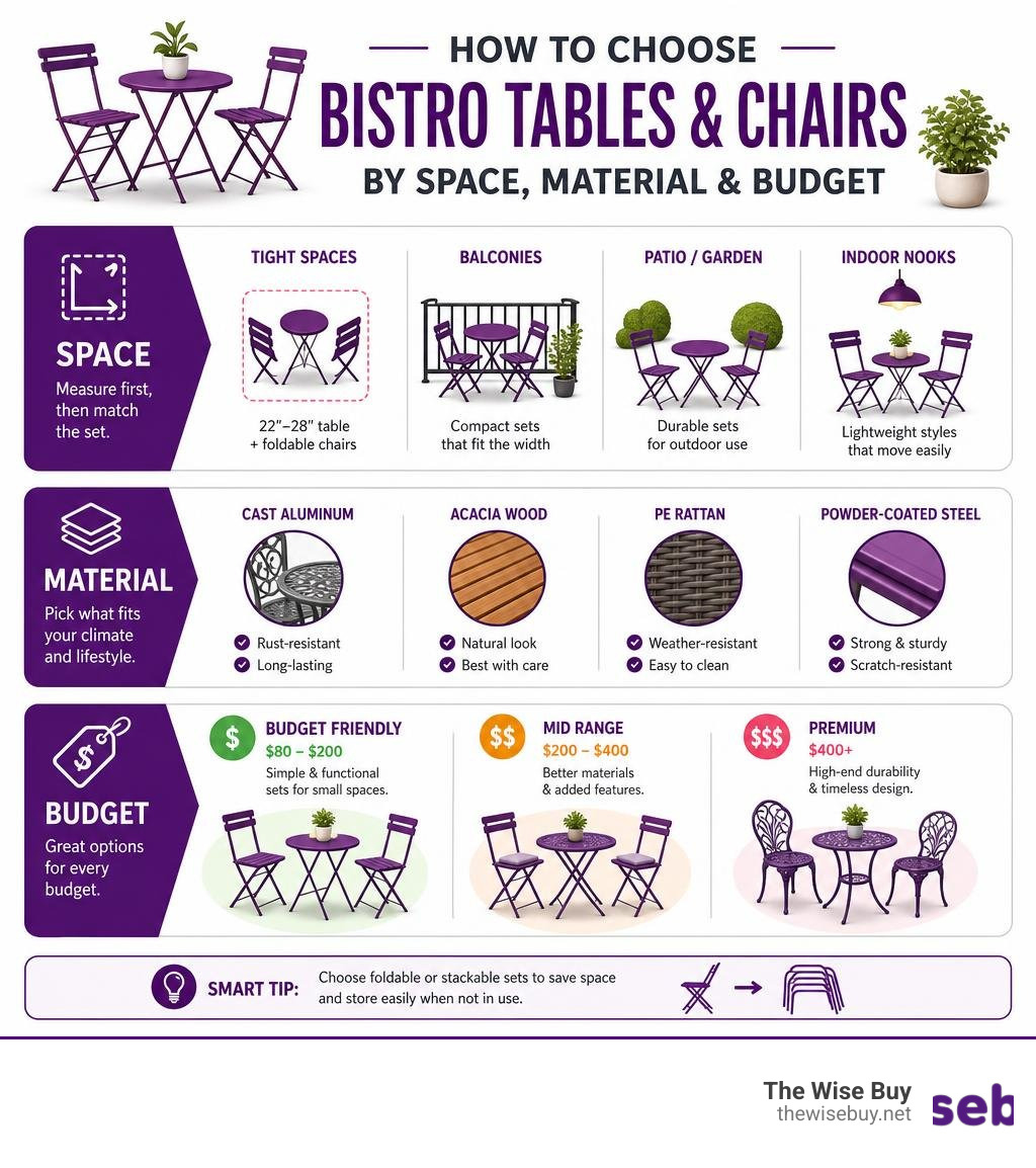 Infographic showing how to choose bistro tables and chairs for sale by space, material, and budget infographic Infographic showing how to choose bistro tables and chairs for sale by space, material, and budget infographic