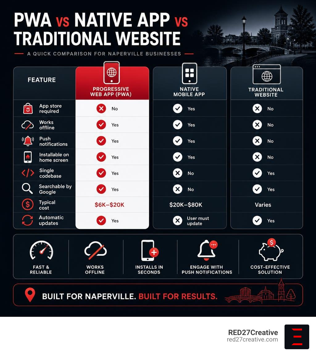 PWA vs Native App vs Traditional Website comparison infographic for Naperville businesses infographic PWA vs Native App vs Traditional Website comparison infographic for Naperville businesses infographic