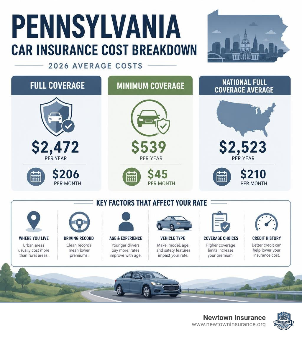 Pennsylvania car insurance cost breakdown infographic with full coverage, minimum coverage, and key rate factors infographic Pennsylvania car insurance cost breakdown infographic with full coverage, minimum coverage, and key rate factors infographic