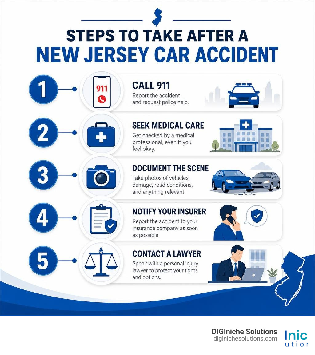 Steps to take after a New Jersey car accident infographic showing call 911, seek medical care, document the scene, notify Steps to take after a New Jersey car accident infographic showing call 911, seek medical care, document the scene, notify