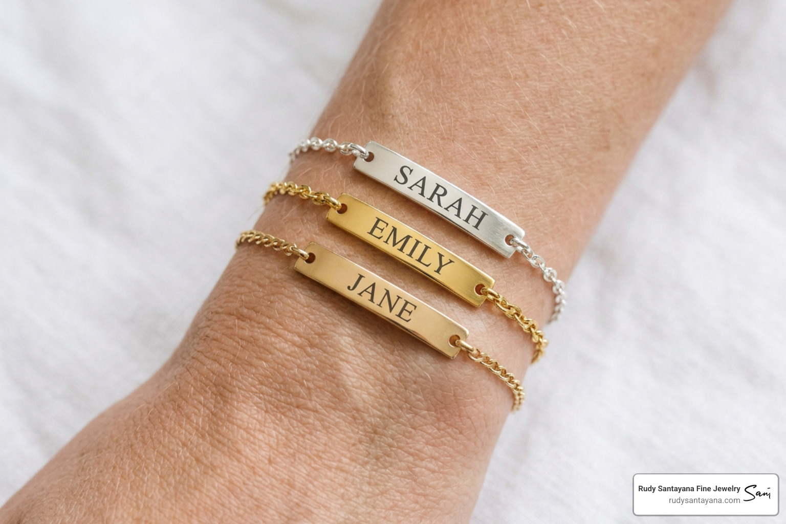 stacked custom name bracelets in sterling silver, gold vermeil, and solid gold