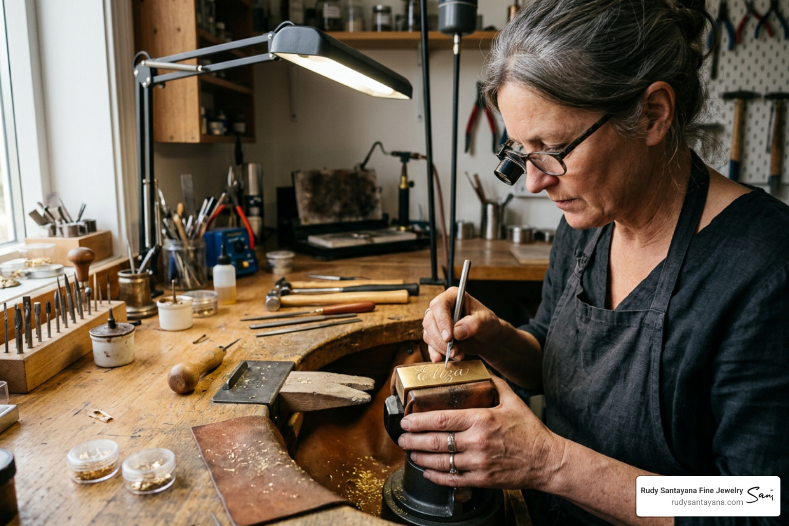 A skilled jeweler hand-carving a custom gold nameplate in our workshop