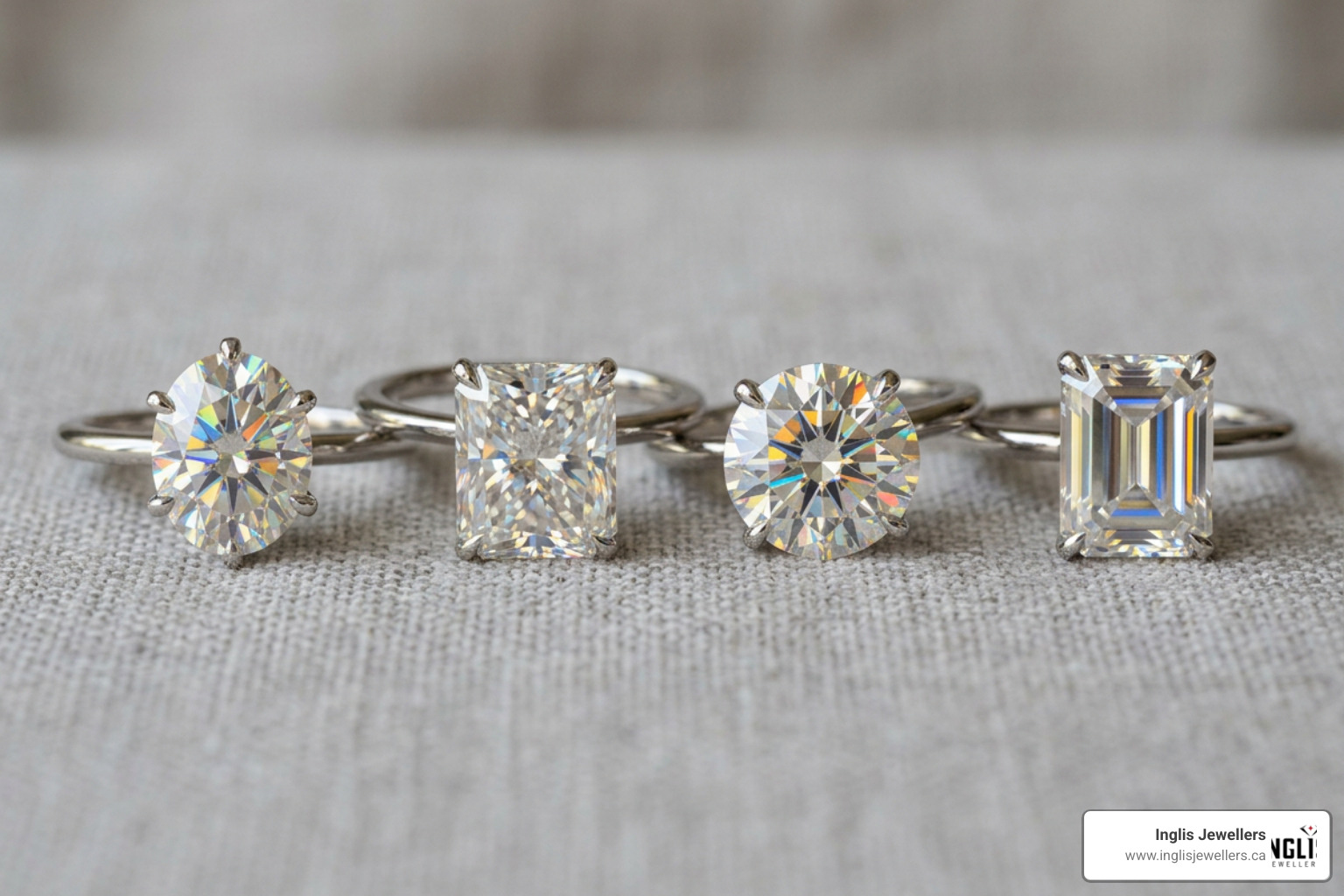 Popular cuts for a 4ct moissanite ring including oval, radiant, round, and emerald Popular cuts for a 4ct moissanite ring including oval, radiant, round, and emerald