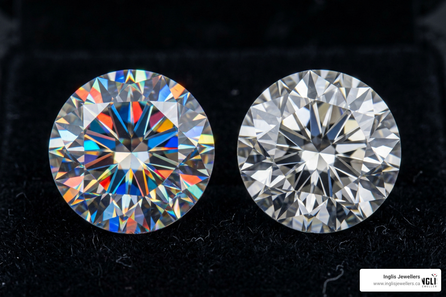 Comparing the fiery rainbow sparkle of a 4ct moissanite to a traditional diamond Comparing the fiery rainbow sparkle of a 4ct moissanite to a traditional diamond