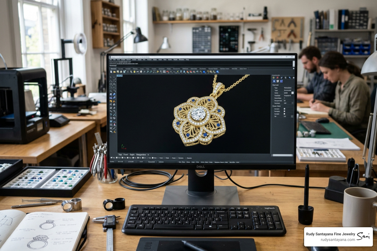 3D CAD model of a custom pendant on a computer screen