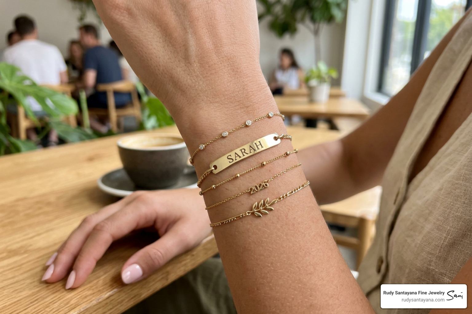 modern personalized nameplate bracelet showing 2026 layering trends