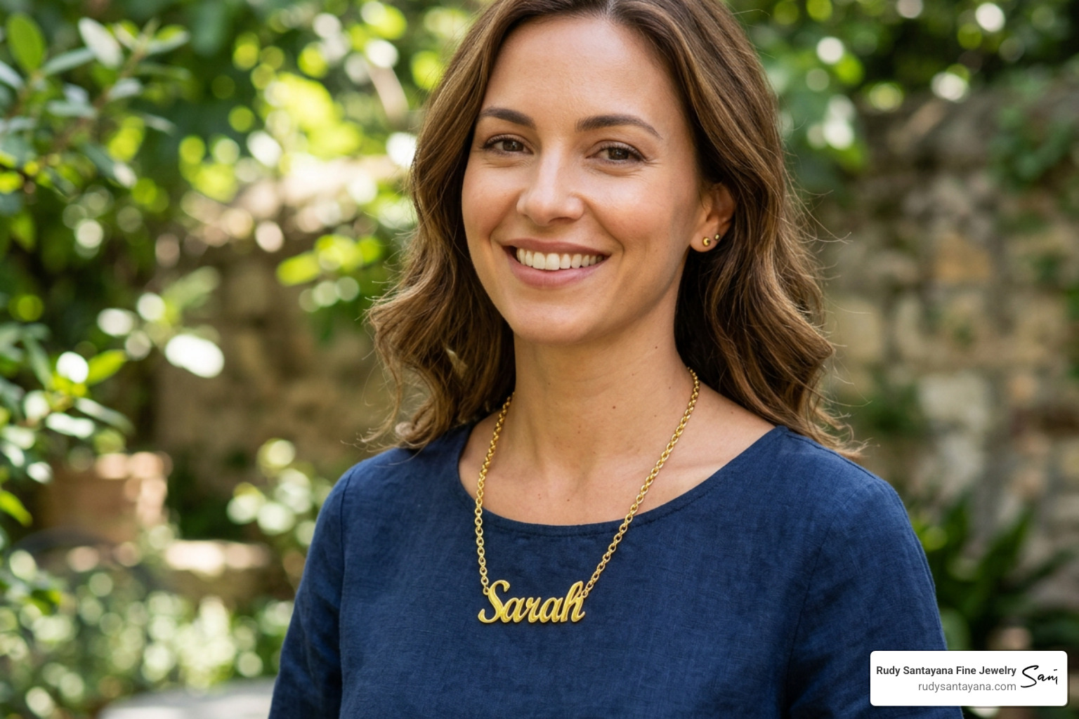 Layered gold name necklaces of varying lengths and styles