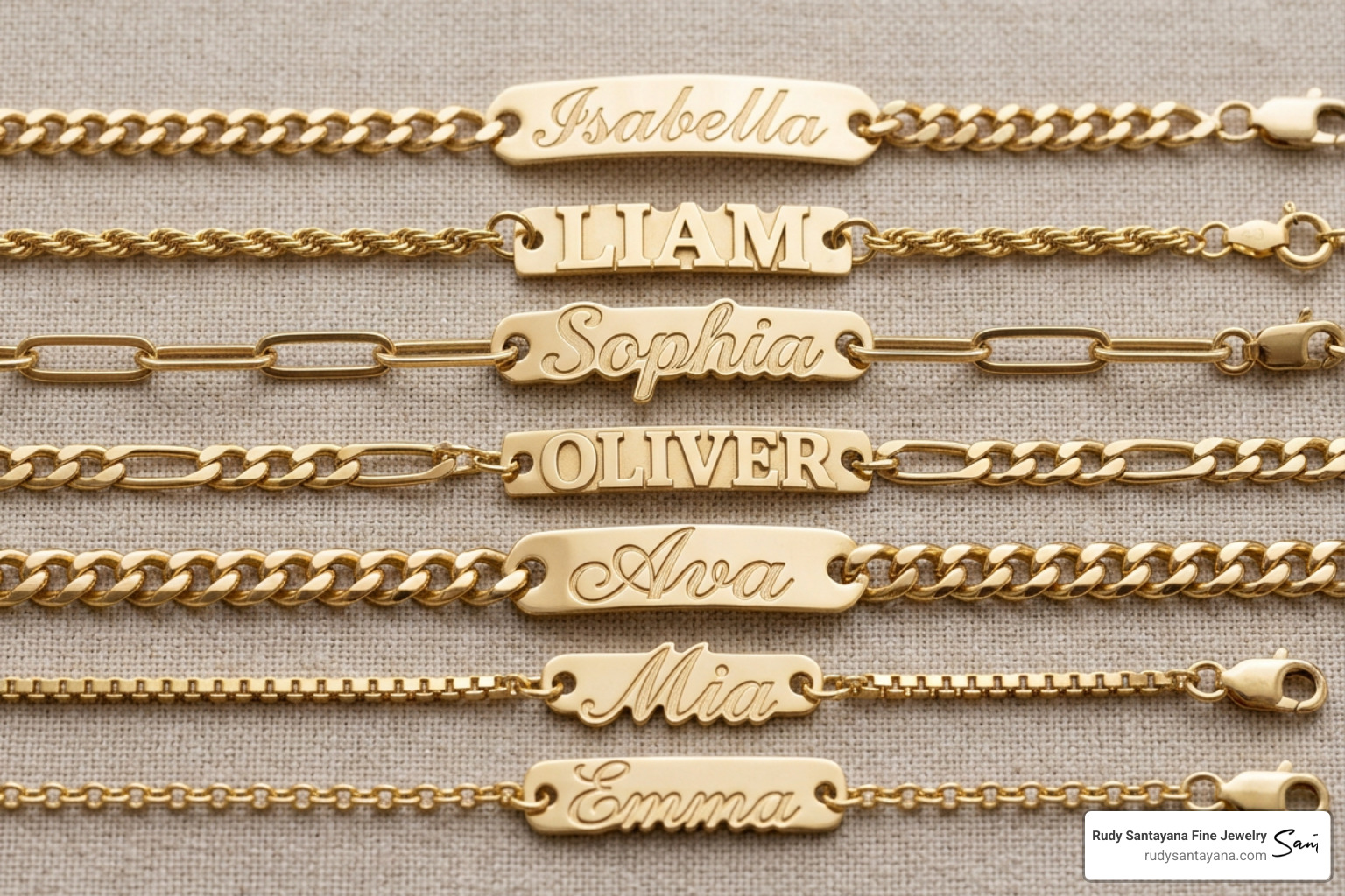 A collection of custom gold chain styles, fonts, and script designs for personalized bracelets A collection of custom gold chain styles, fonts, and script designs for personalized bracelets
