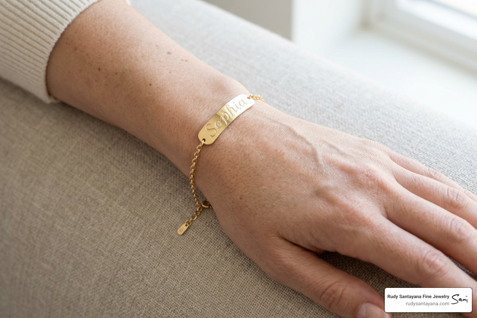 A stunning custom-crafted 14k solid gold name bracelet worn elegantly on a wrist A stunning custom-crafted 14k solid gold name bracelet worn elegantly on a wrist