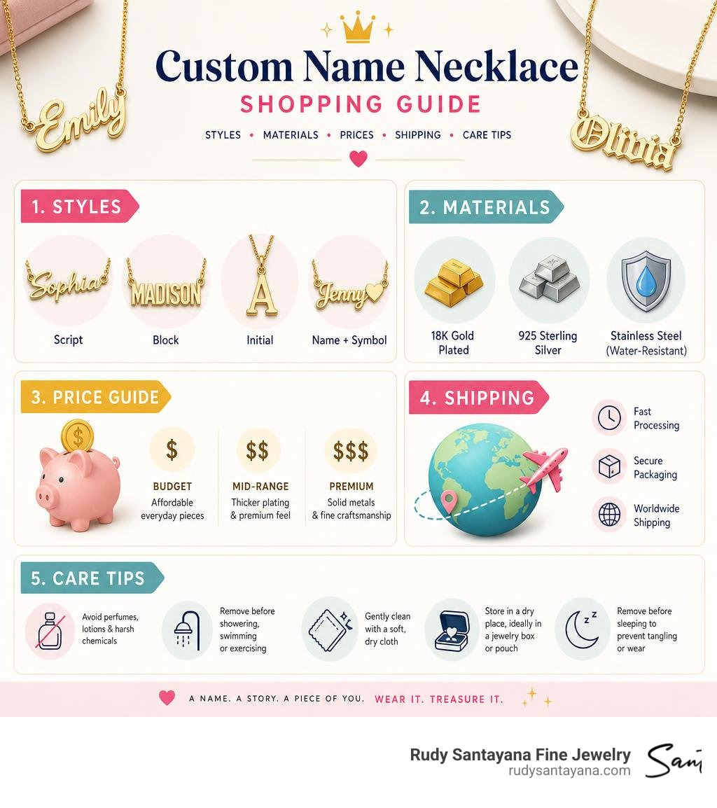Custom name necklace shopping guide: styles, materials, prices, shipping, and care tips infographic Custom name necklace shopping guide: styles, materials, prices, shipping, and care tips infographic