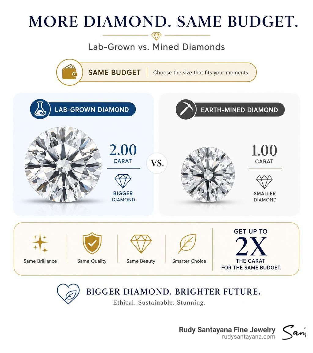 Comparison of diamond sizes for the same budget: lab-grown vs mined infographic infographic Comparison of diamond sizes for the same budget: lab-grown vs mined infographic infographic