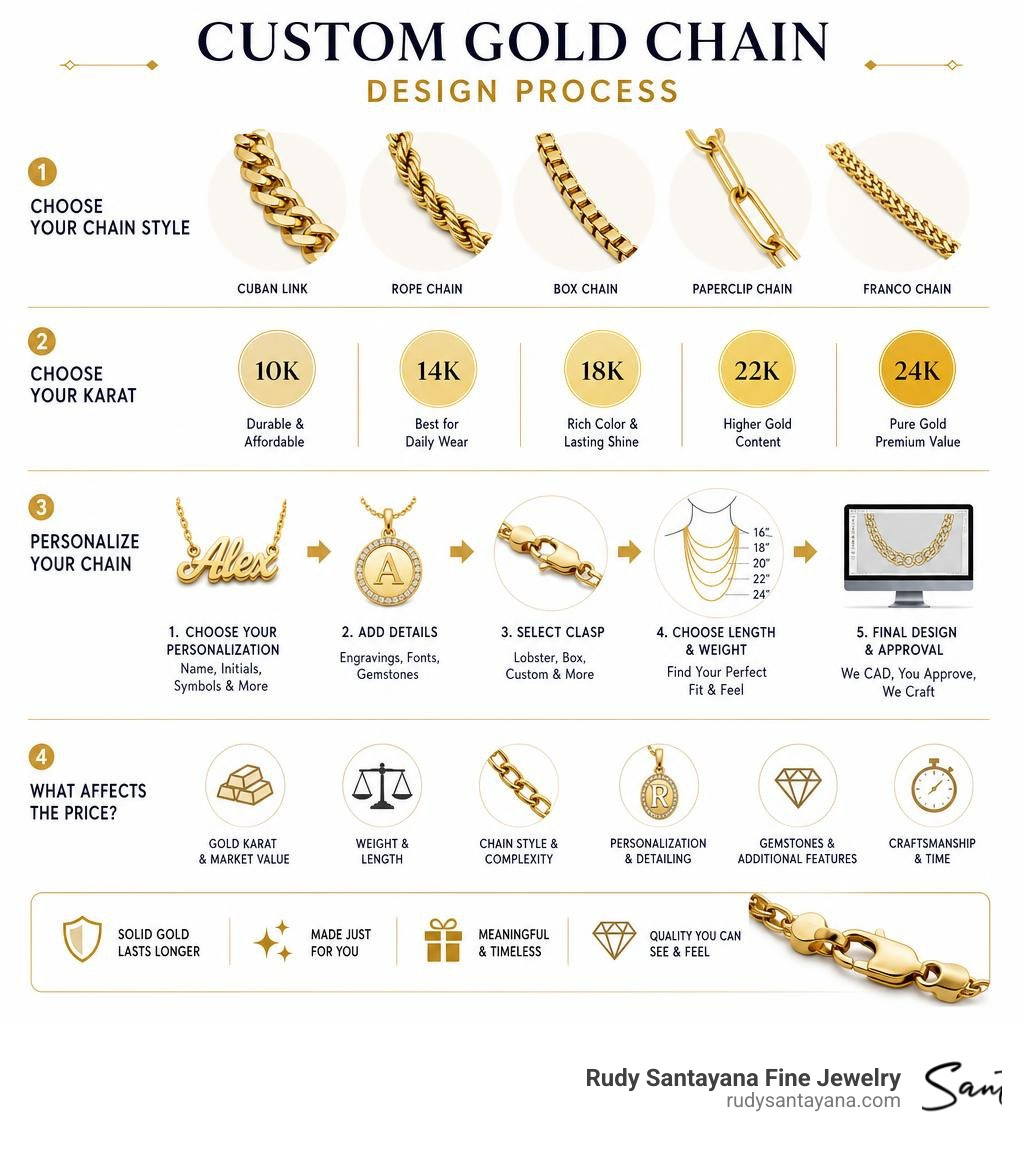 Custom gold chain design process infographic showing chain styles, karat options, personalization steps, and pricing factors