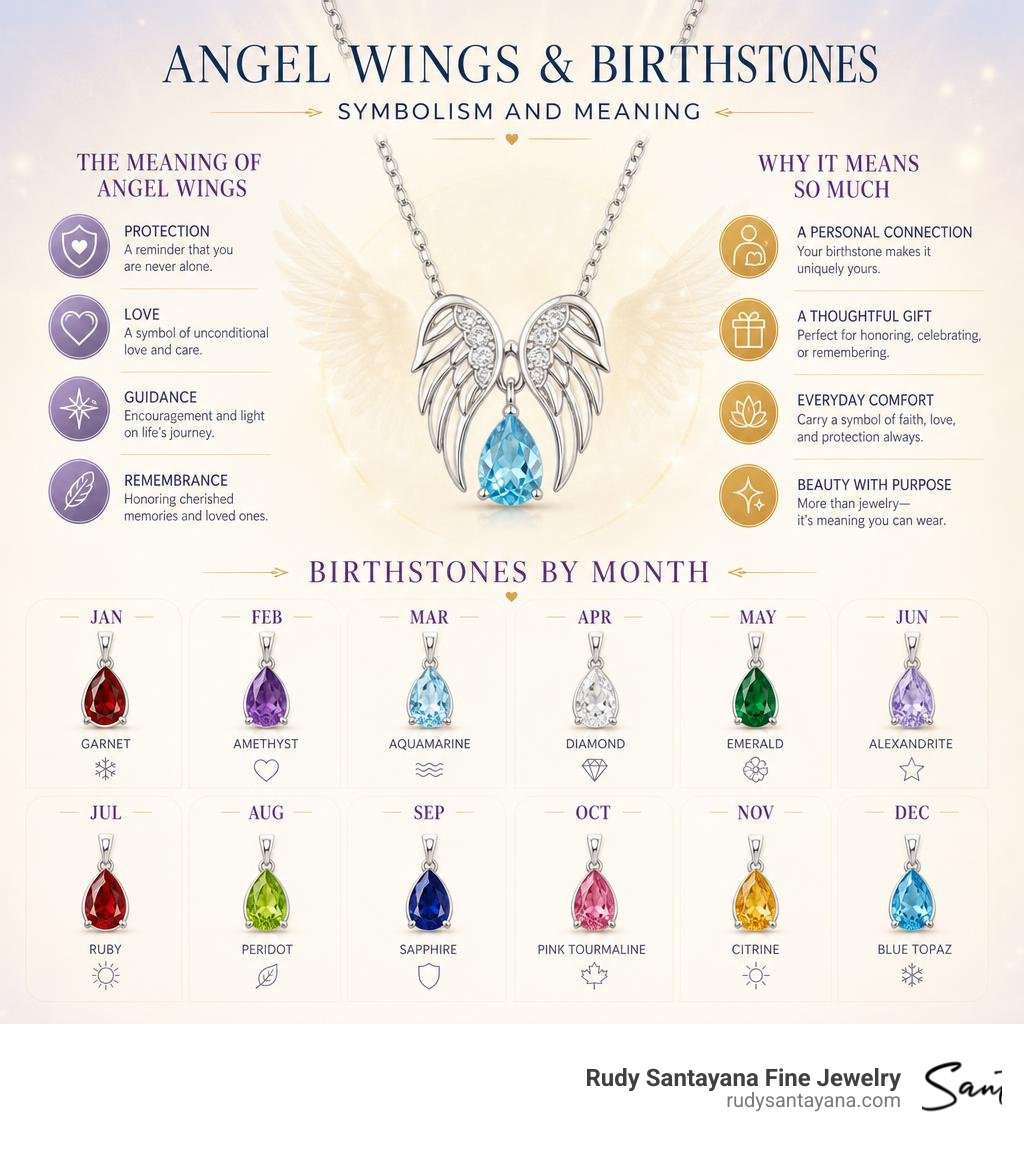 Infographic showing symbolic meaning of angel wings and birthstones by month infographic Infographic showing symbolic meaning of angel wings and birthstones by month infographic