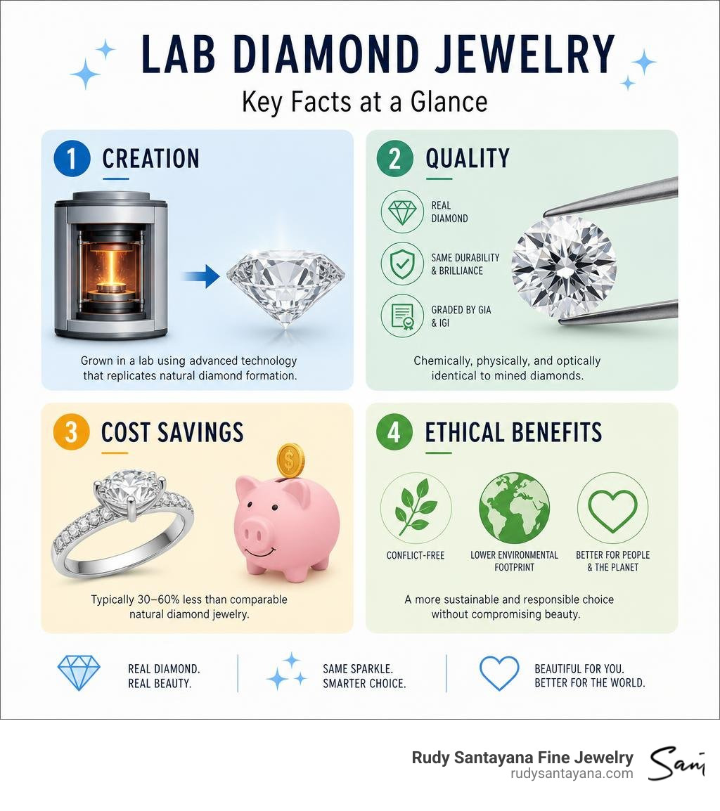 Key facts about lab diamond jewelry: creation, quality, cost savings, and ethical benefits infographic infographic Key facts about lab diamond jewelry: creation, quality, cost savings, and ethical benefits infographic infographic