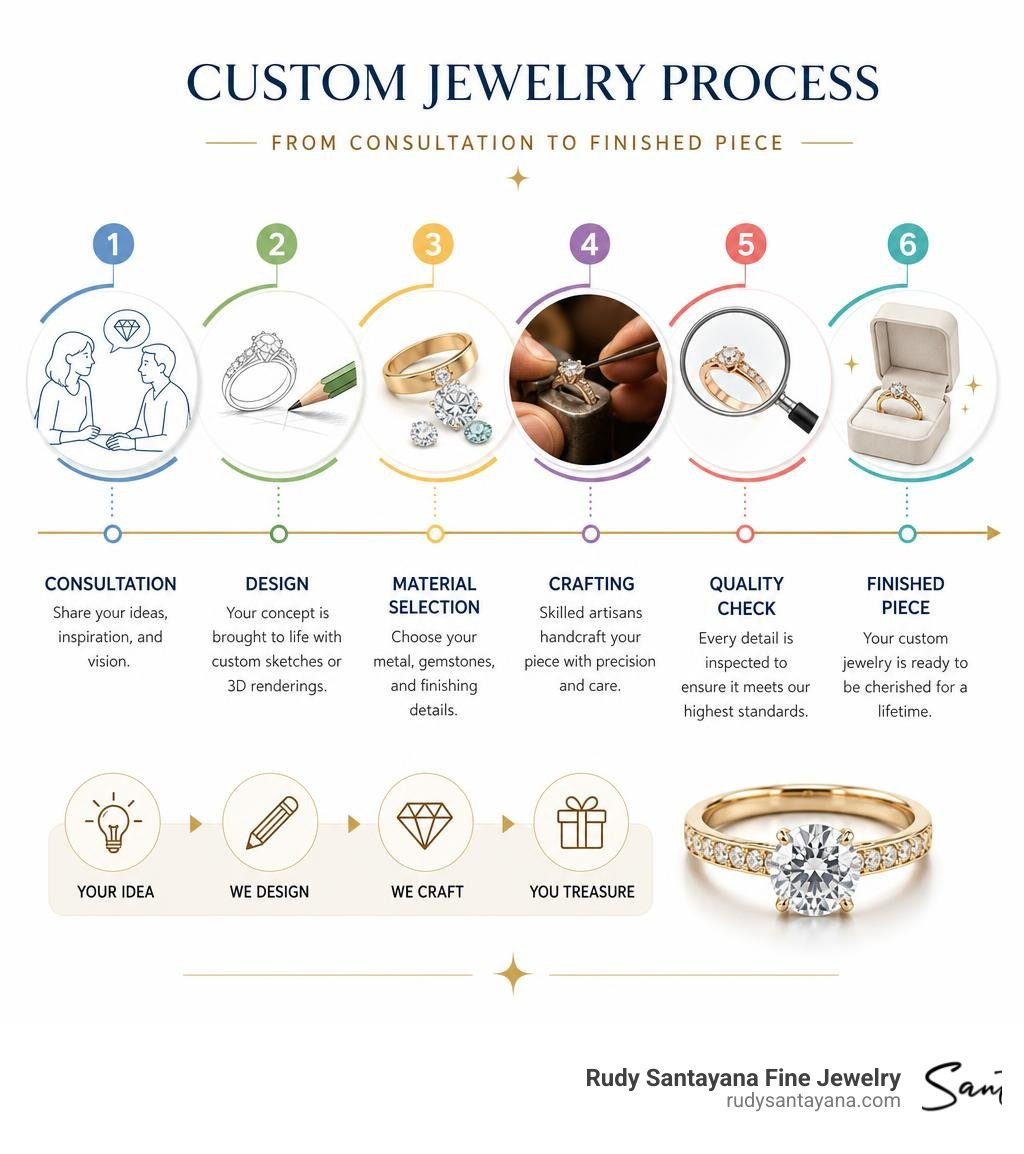 Custom jewelry process: consultation to finished piece timeline infographic infographic
