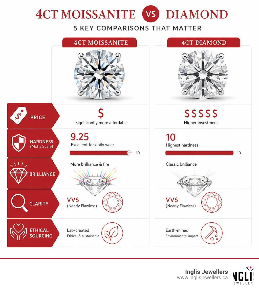 Infographic comparing 4ct moissanite vs diamond: price, hardness, brilliance, clarity, and ethical sourcing infographic Infographic comparing 4ct moissanite vs diamond: price, hardness, brilliance, clarity, and ethical sourcing infographic