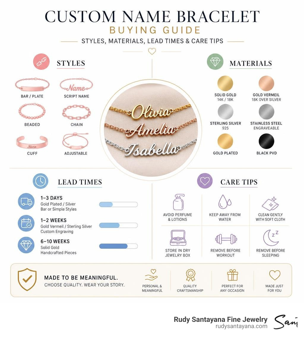 Custom name bracelet buying guide infographic: styles, materials, lead times, and care tips infographic