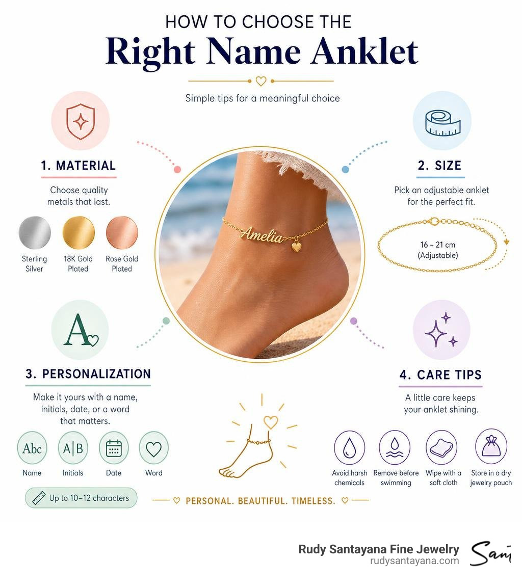 Infographic showing how to choose the right name anklet: material, size, personalization, and care tips infographic