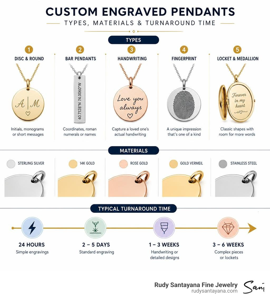 Custom engraved pendant types, materials, and turnaround time comparison infographic infographic