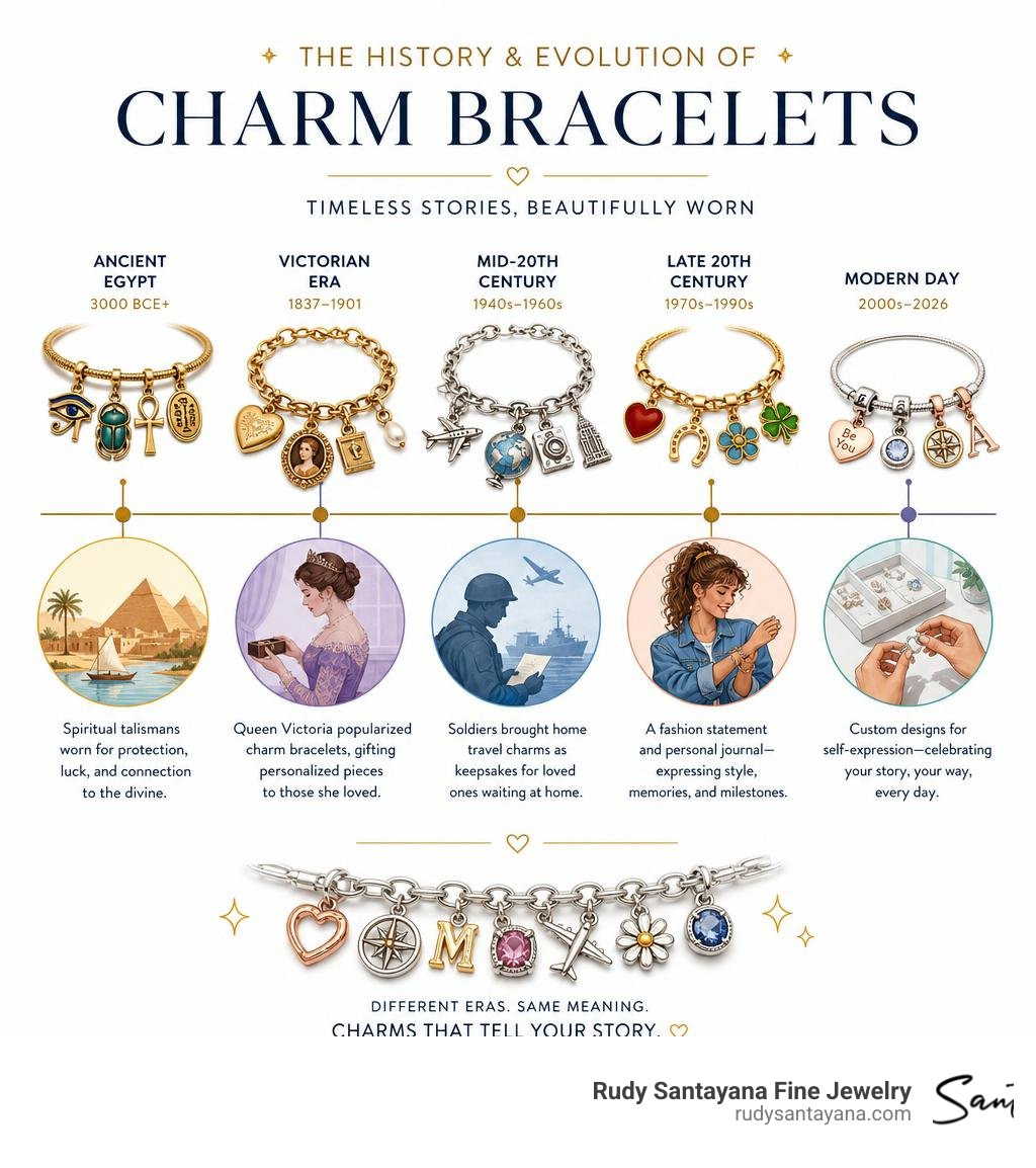 History and evolution of charm bracelets from ancient Egypt to modern custom designs infographic History and evolution of charm bracelets from ancient Egypt to modern custom designs infographic