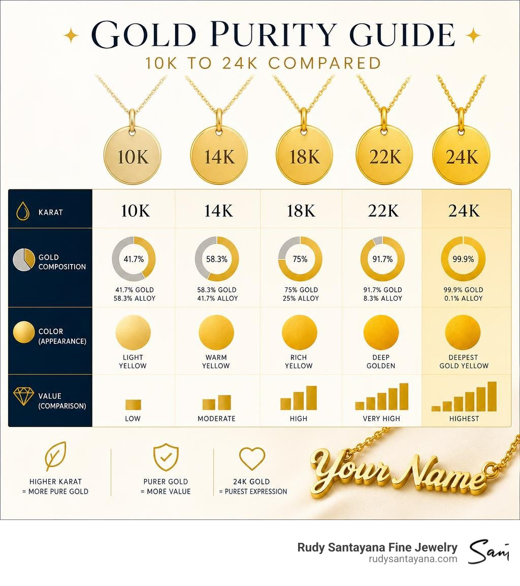 Infographic showing gold purity levels from 10k to 24k with color, composition, and value comparison infographic