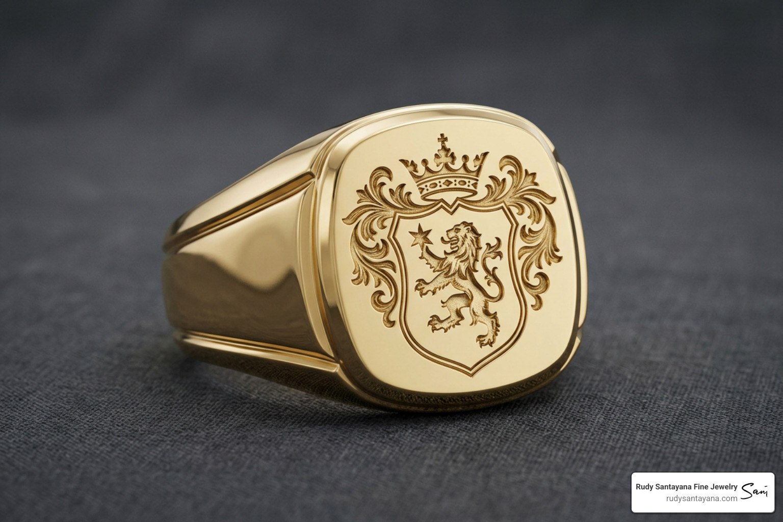 A detailed 3D CAD digital rendering of a custom gold signet ring A detailed 3D CAD digital rendering of a custom gold signet ring