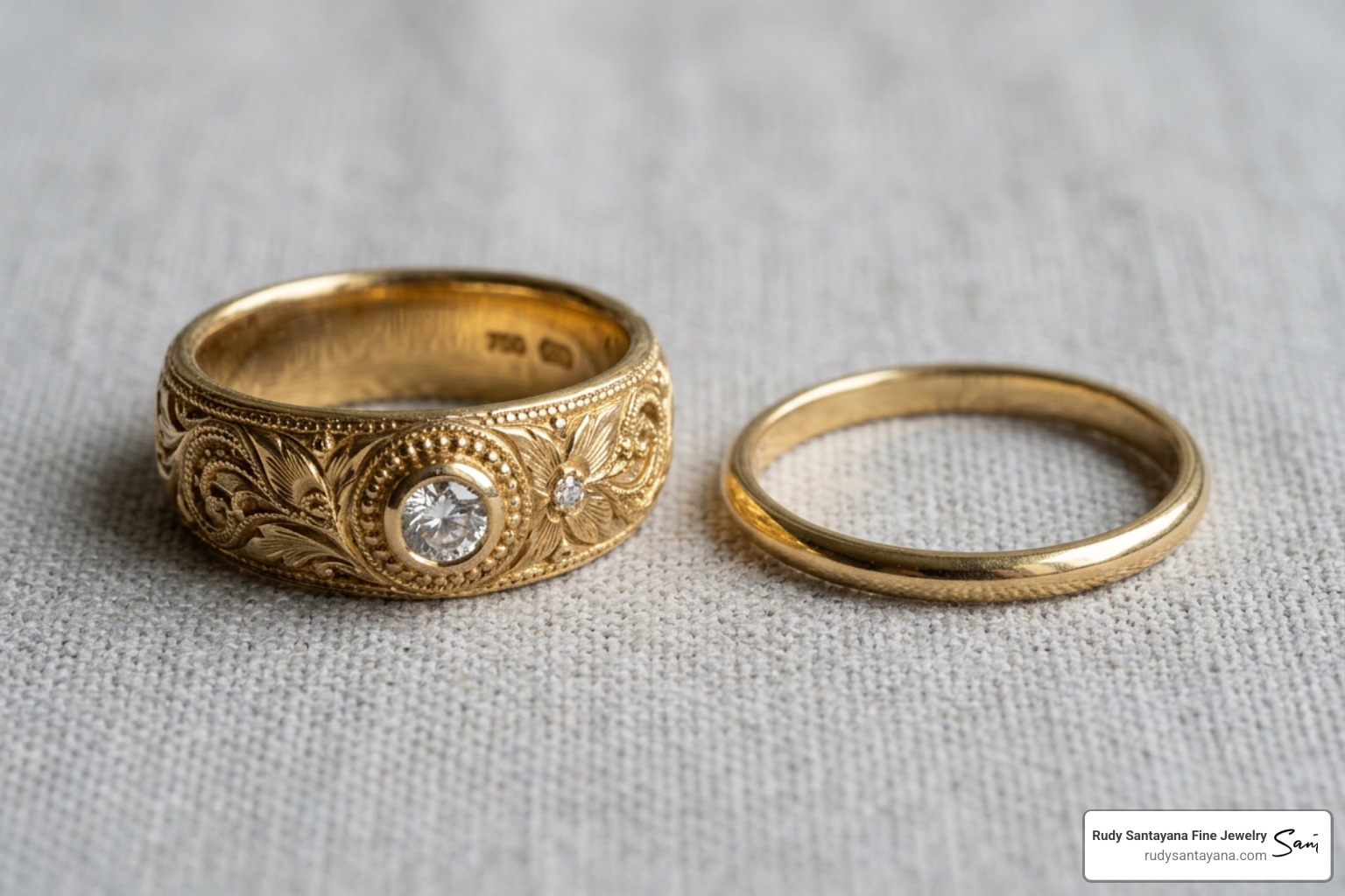A comparison of a handcrafted bespoke gold ring next to a mass-produced band A comparison of a handcrafted bespoke gold ring next to a mass-produced band