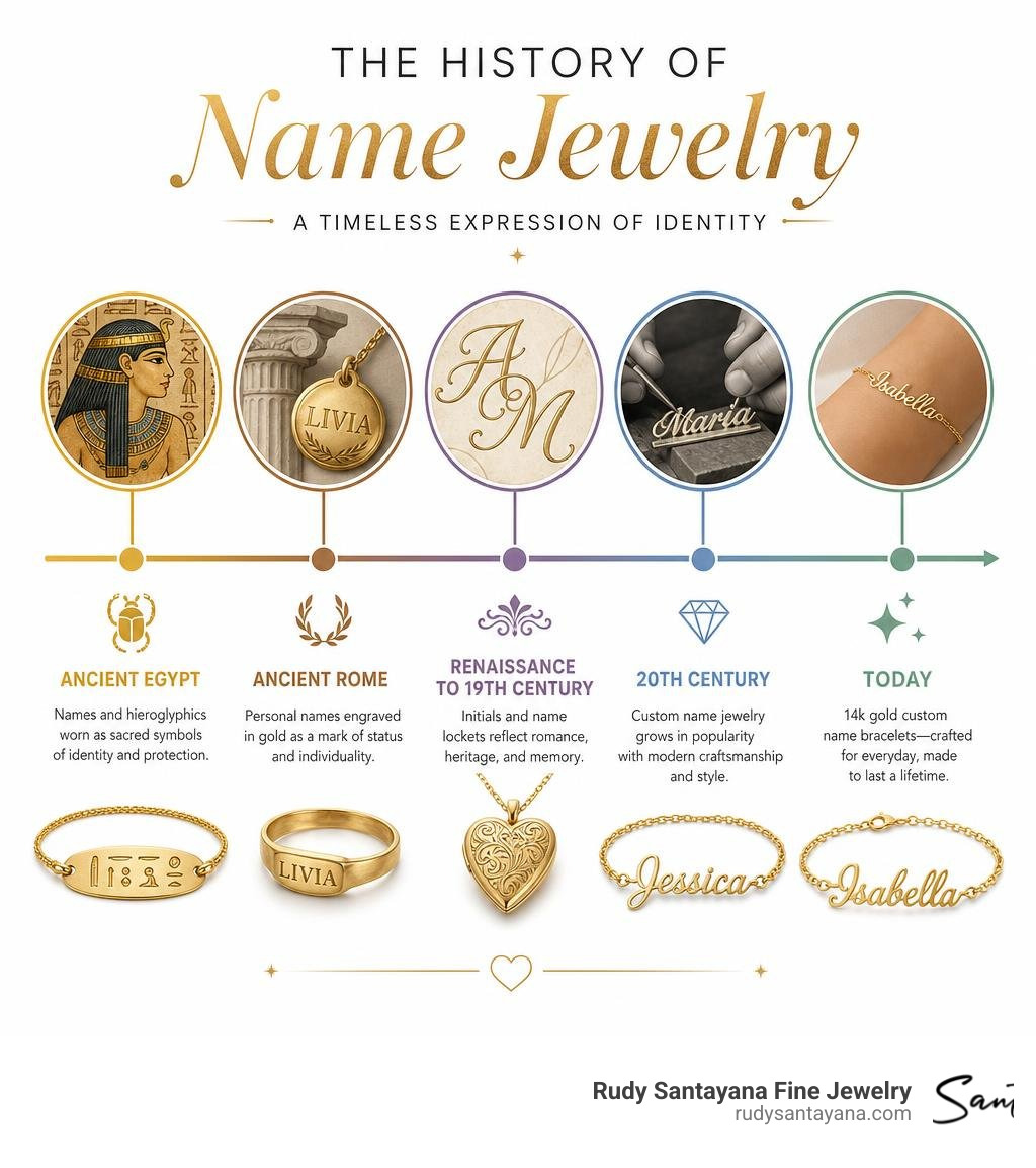 History of name jewelry timeline from ancient Egypt to modern 14k gold custom bracelets infographic History of name jewelry timeline from ancient Egypt to modern 14k gold custom bracelets infographic