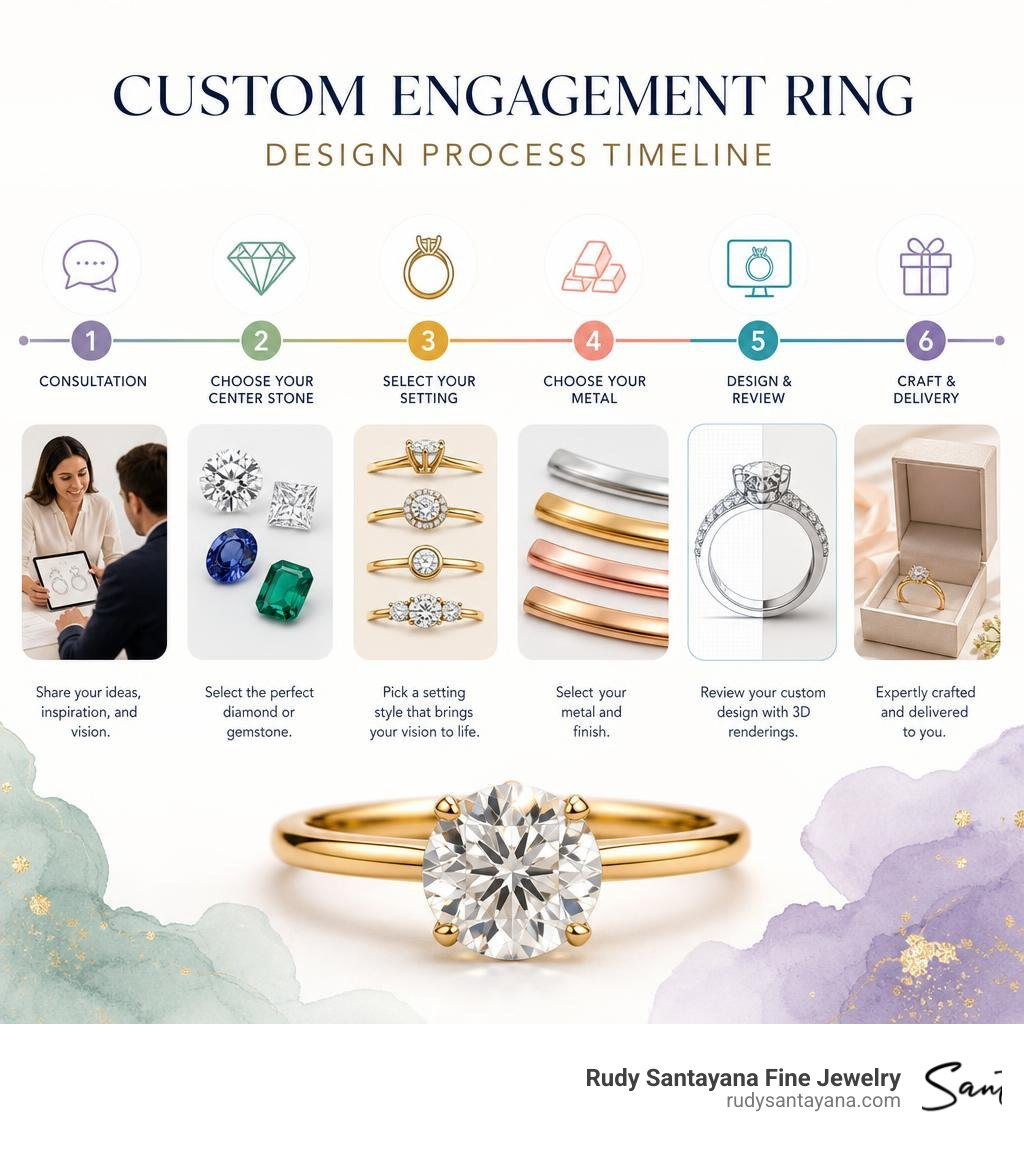 Custom engagement ring design process timeline from consultation to delivery infographic