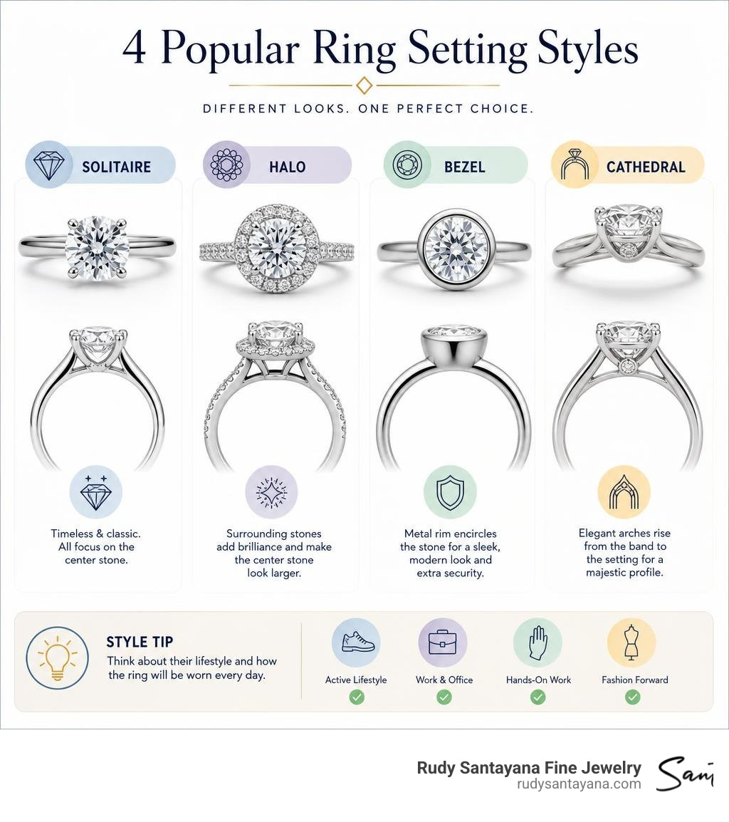 Infographic showcasing solitaire, halo, bezel, and cathedral ring setting styles infographic
