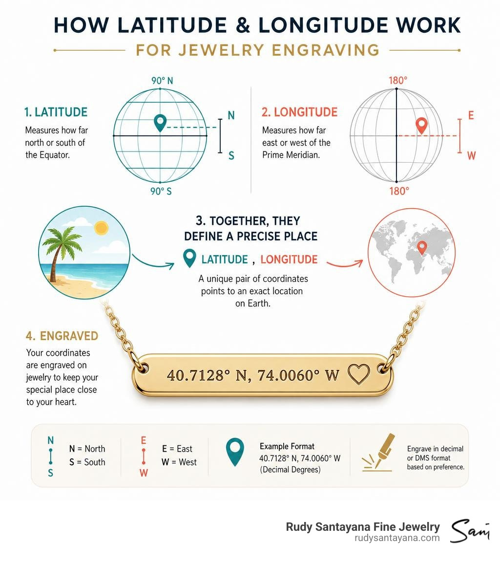 Infographic explaining how latitude and longitude coordinates work for jewelry engraving infographic