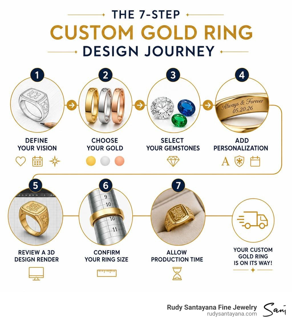 Infographic showing the 7-step custom gold ring design journey from concept to delivery infographic Infographic showing the 7-step custom gold ring design journey from concept to delivery infographic