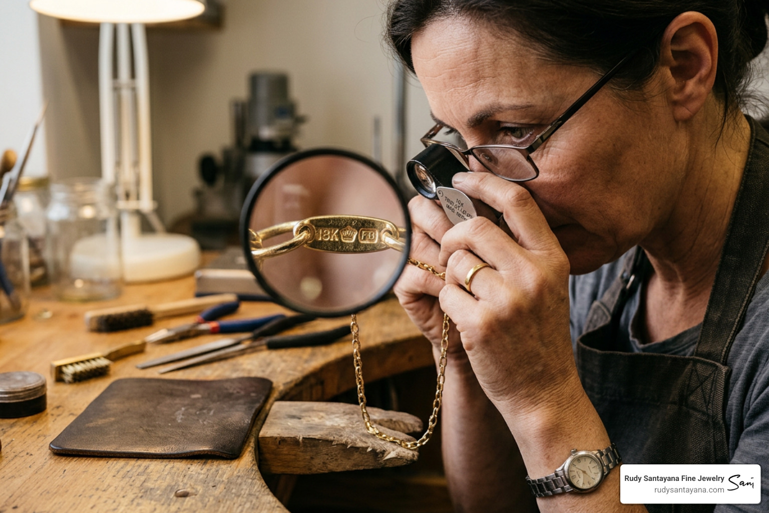 jeweler inspecting a hallmark stamp on a gold chain