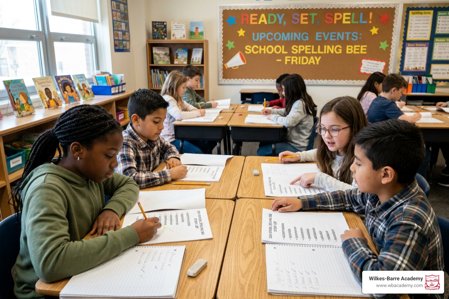 Students studying word lists and preparing for a school-level spelling bee competition