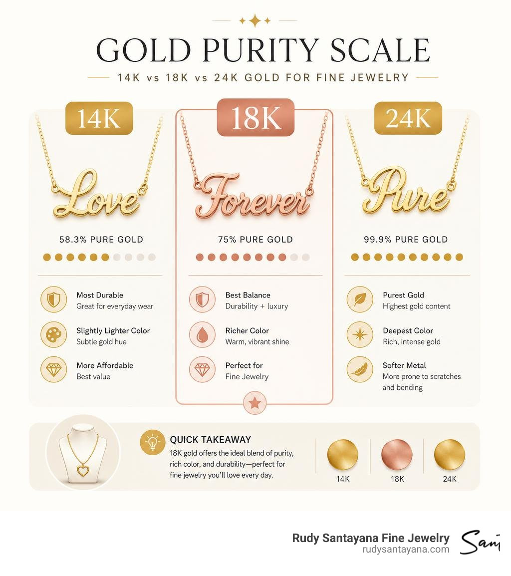 Gold purity scale infographic comparing 14k, 18k, and 24k gold for fine jewelry infographic