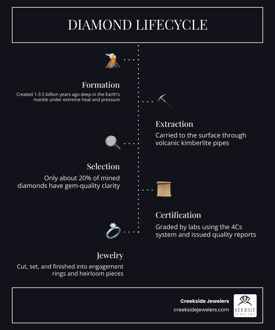 Diamond lifecycle from formation to certified gemstone to finished jewelry infographic Diamond lifecycle from formation to certified gemstone to finished jewelry infographic