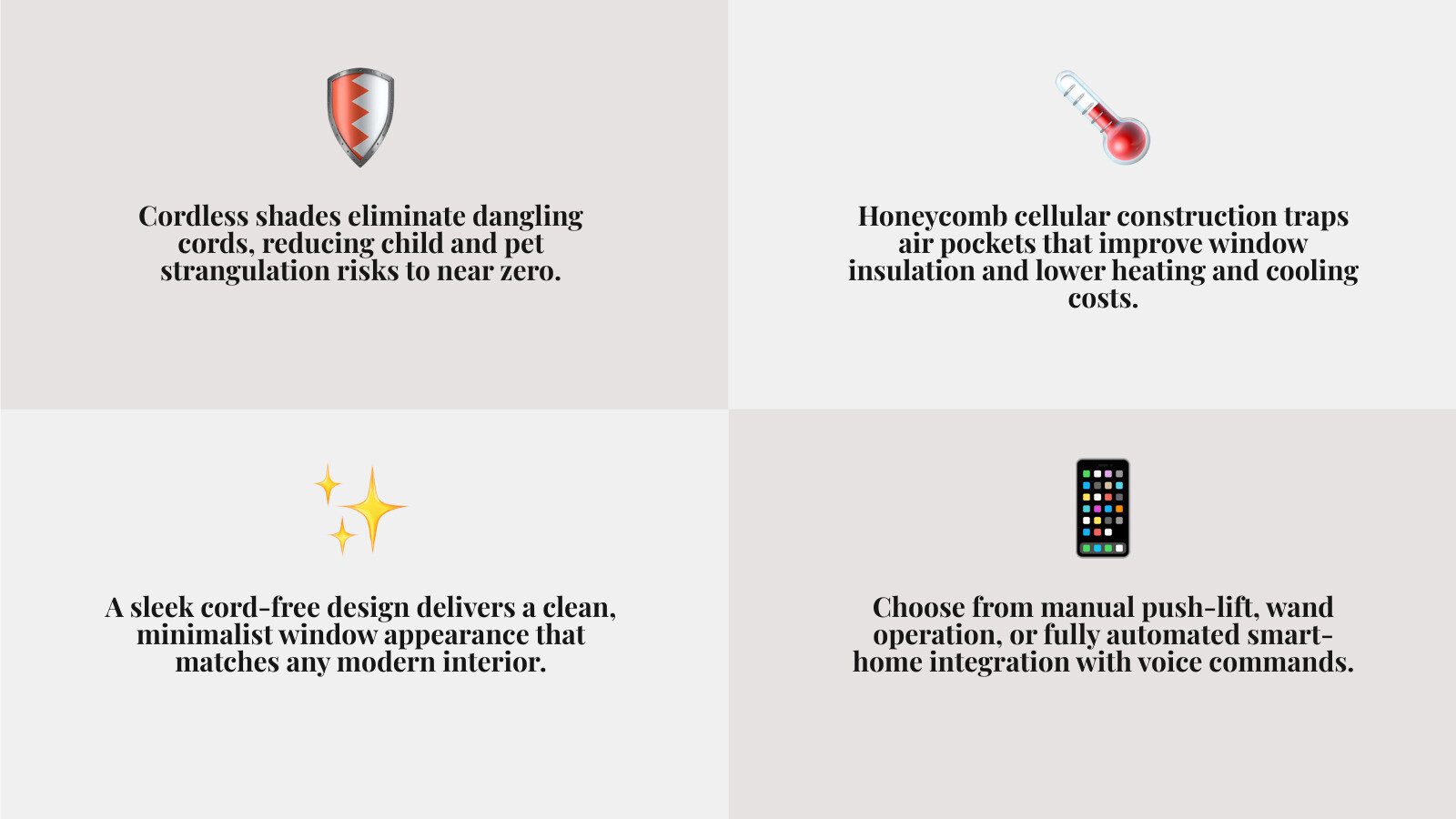 Benefits of Hunter Douglas cordless shades infographic: safety, energy efficiency, aesthetics, and control options Benefits of Hunter Douglas cordless shades infographic: safety, energy efficiency, aesthetics, and control options