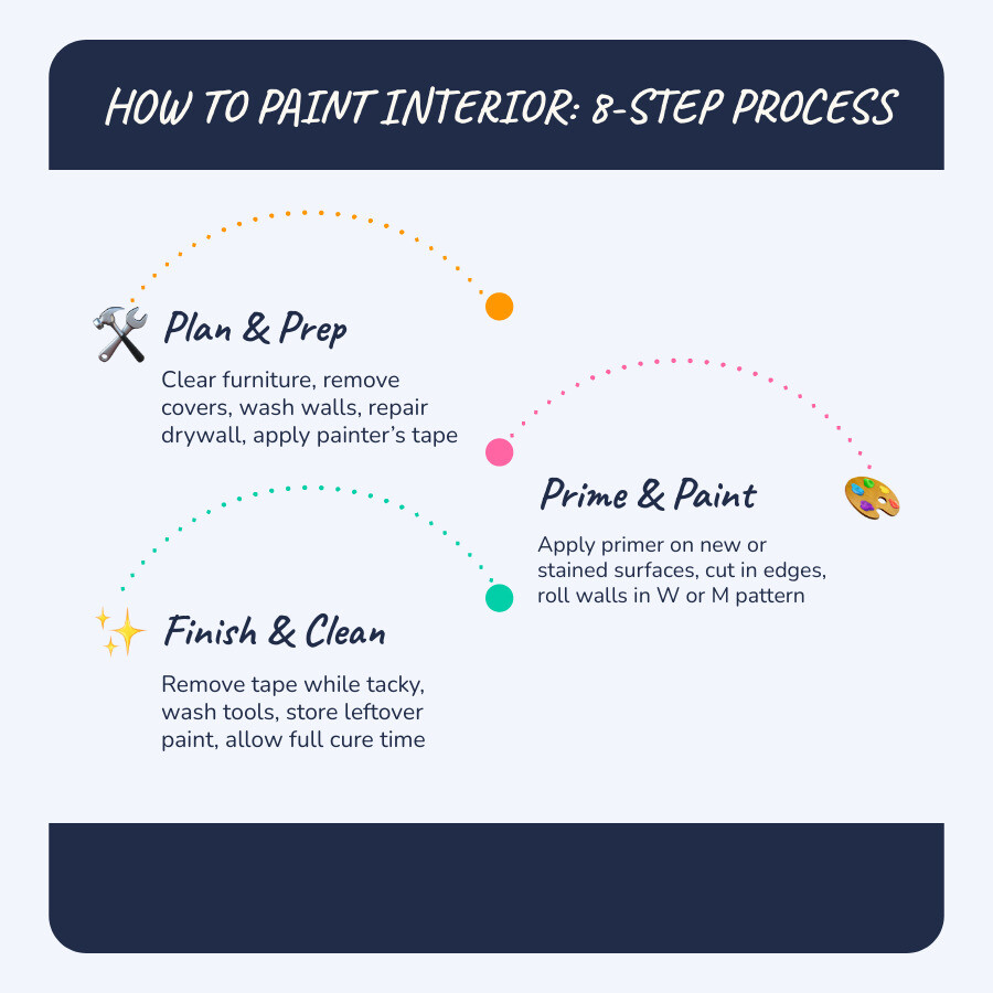 8-step interior painting process infographic from prep to cleanup infographic