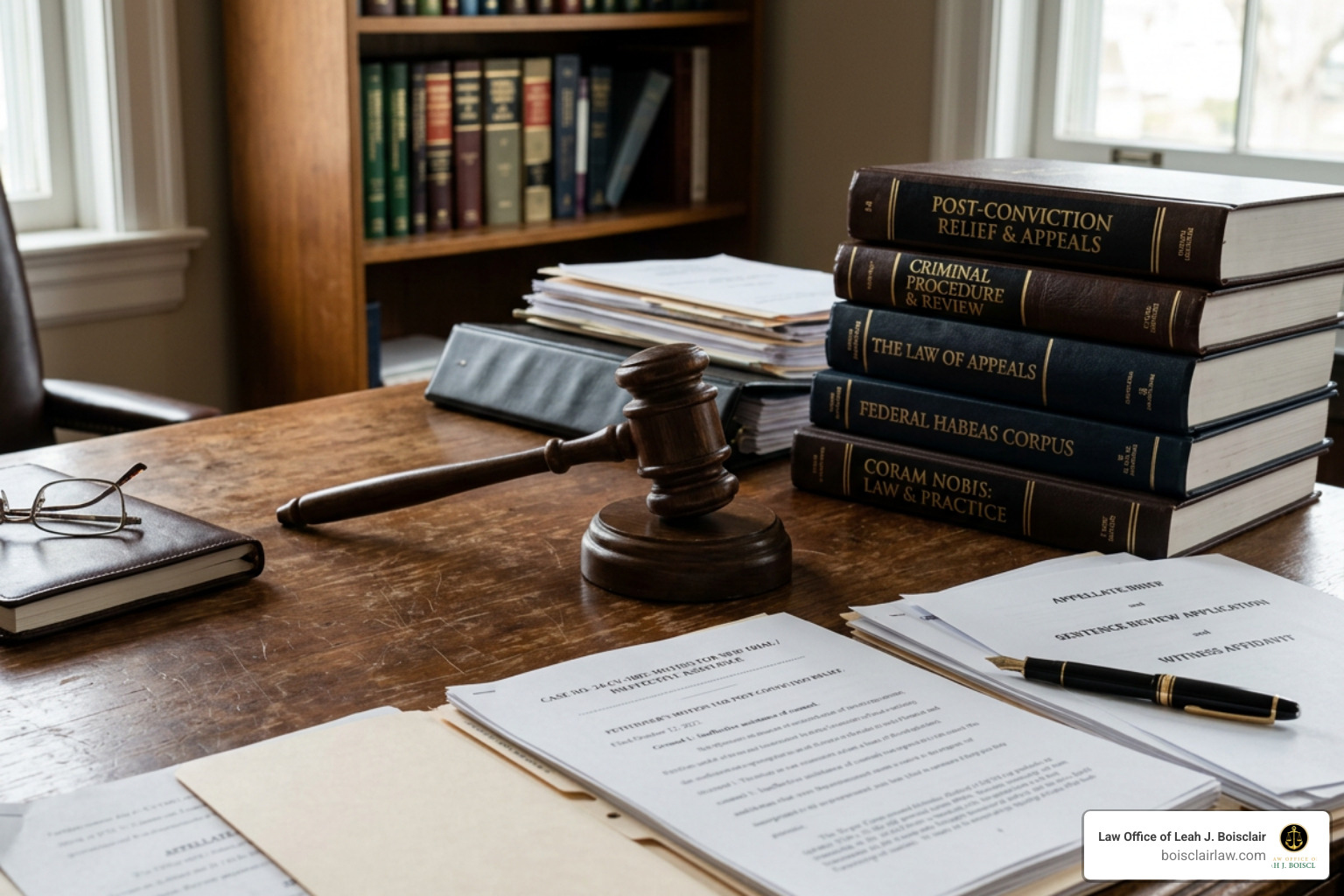 Legal documents on a wooden desk with a gavel representing post conviction justice Legal documents on a wooden desk with a gavel representing post conviction justice