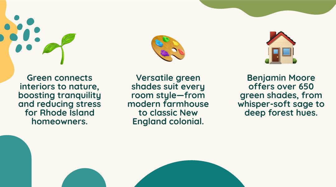 Infographic showing top Benjamin Moore green paint shades, their undertones, mood effects, and best room applications