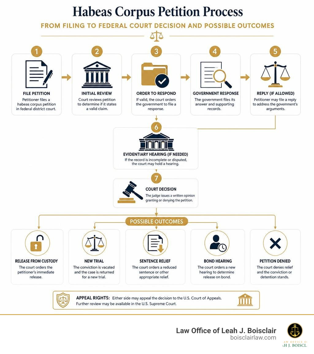 Habeas corpus petition process flowchart from filing to federal court decision and possible outcomes infographic Habeas corpus petition process flowchart from filing to federal court decision and possible outcomes infographic