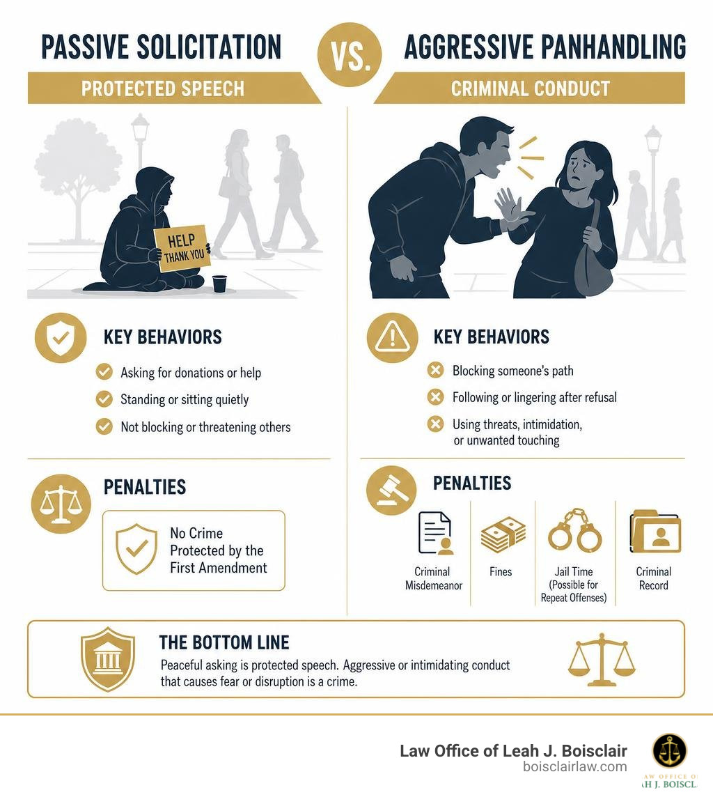 Infographic comparing passive solicitation (protected speech) vs aggressive panhandling (criminal conduct) with key