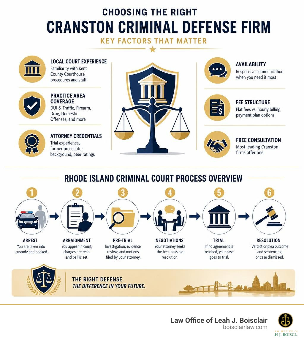 Infographic showing Rhode Island criminal defense firm selection criteria and court process overview infographic